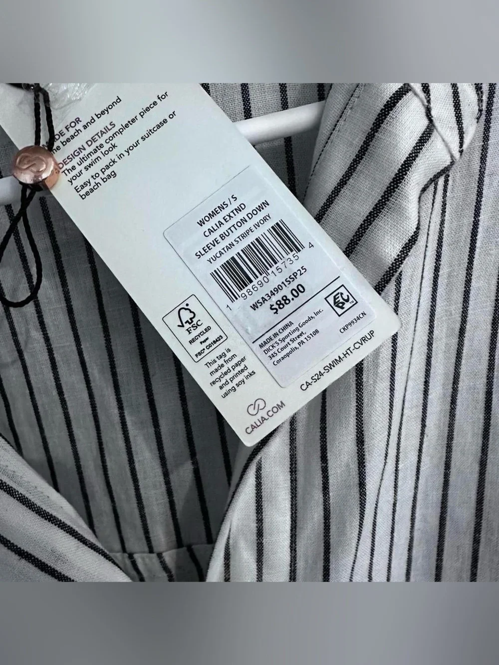 NWT Calia Black & White‎ Striped Button Down Linen Cover-Up Dress MEDIUM